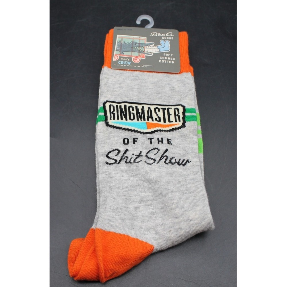 Blue Q Ringmaster of the Sh*t Show Crew Socks Men's 7–12 Gray Orange NWT